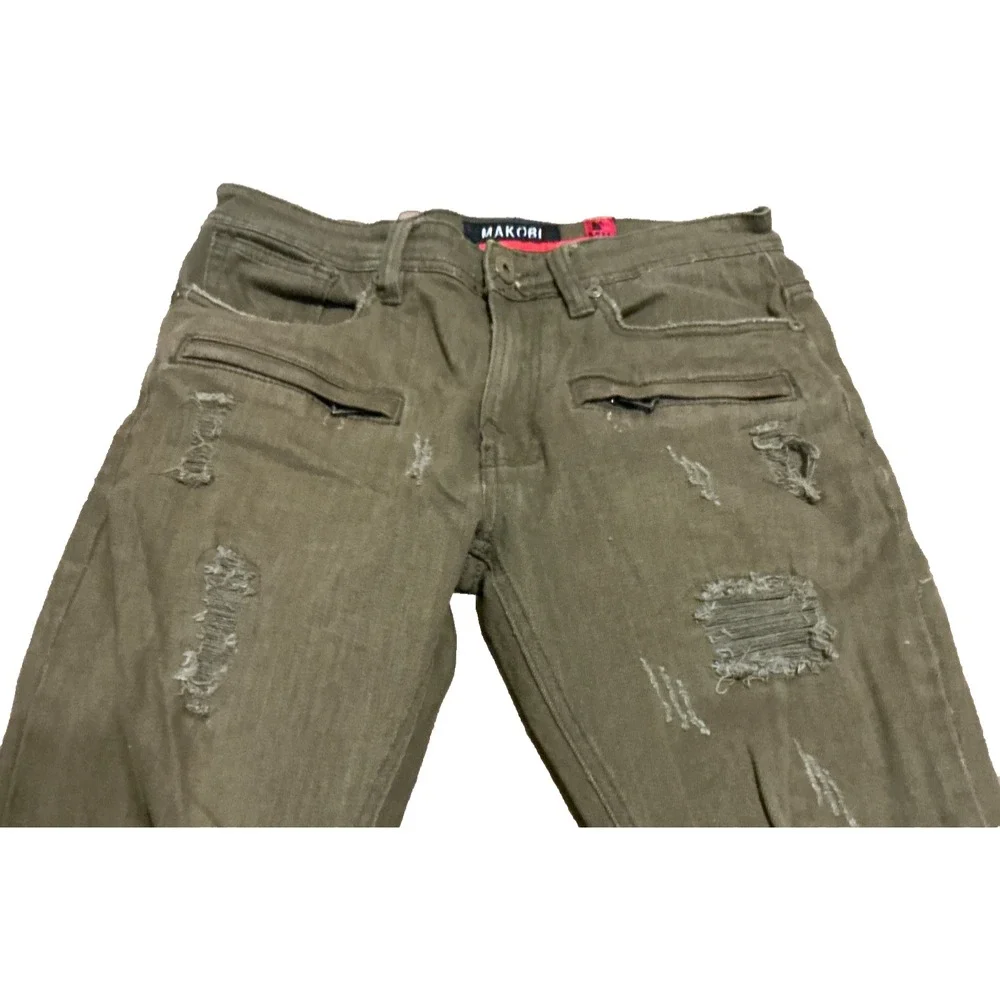 Makobi Mens 32 x 32 Moto Denim Pants Olive Green Distressed Zippers